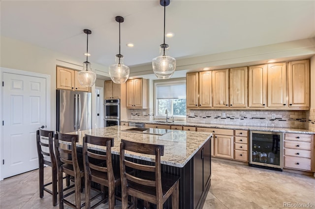 10529 Dacre Pl, Lone Tree, CO 80124 - kitchen featuring wine cooler, light brown cabinetry, stainless steel appliances, decorative backsplash, and recessed lighting