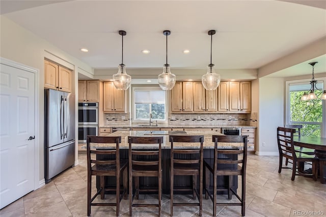 10529 Dacre Pl, Lone Tree, CO 80124 - kitchen featuring stainless steel appliances, light brown cabinetry, backsplash, healthy amount of natural light, and recessed lighting