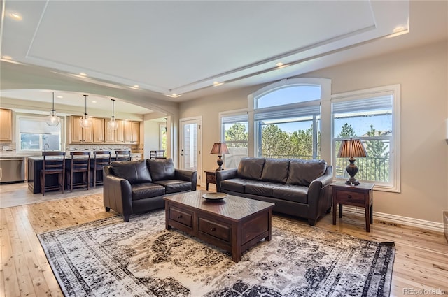 10529 Dacre Pl, Lone Tree, CO 80124 - living room featuring a raised ceiling, light wood-style floors, arched walkways, and recessed lighting