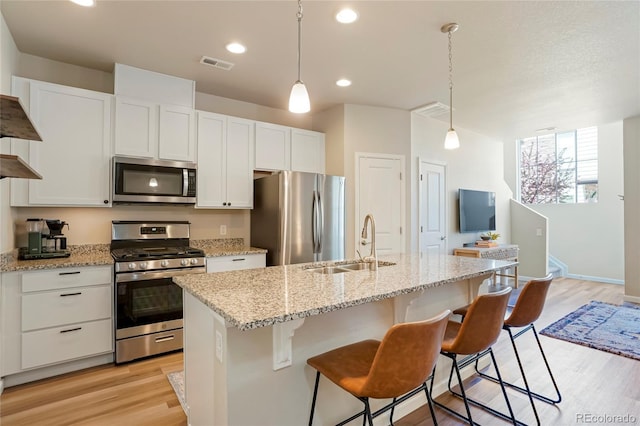 kitchen with visible vents, a sink, a center island with sink, white cabinets, and appliances with stainless steel finishes