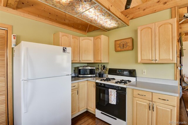 3750 Singletree Rd, Hartsel, CO 80449 - kitchen with light brown cabinets, gas range, light countertops, stainless steel microwave, and freestanding refrigerator