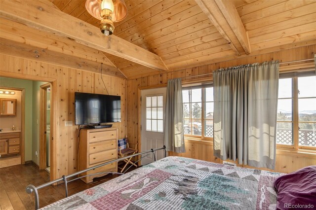 3750 Singletree Rd, Hartsel, CO 80449 - bedroom with lofted ceiling with beams, hardwood / wood-style flooring, and wooden ceiling