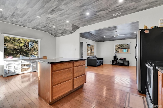 kitchen with lofted ceiling, hardwood / wood-style floors, ceiling fan, and stainless steel electric range