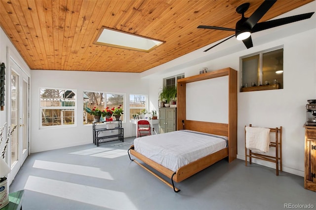 bedroom with wooden ceiling, a skylight, and concrete flooring