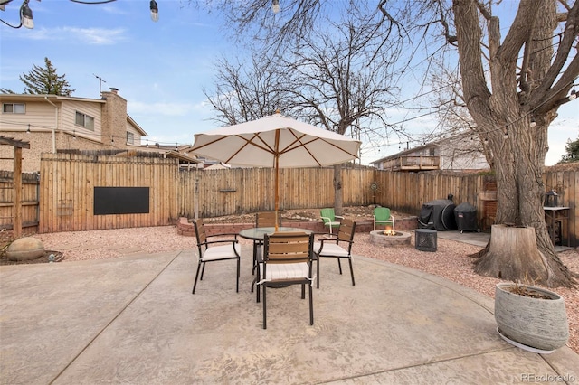 view of patio / terrace with a grill, a fire pit, and a fenced backyard