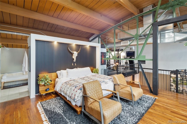 1203 24th St, Denver, CO 80205 - bedroom featuring wood finished floors and wood ceiling with exposed beams
