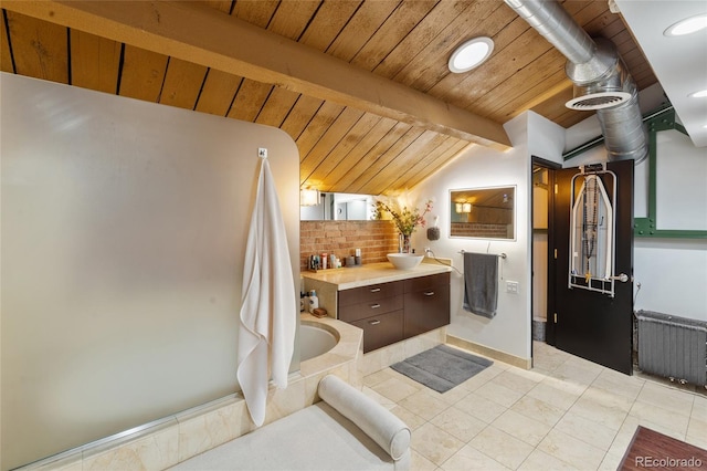 1203 24th St, Denver, CO 80205 - bathroom with radiator, vanity, tile patterned floors, wooden ceiling, and tiled tub