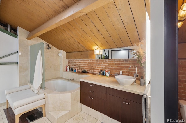 1203 24th St, Denver, CO 80205 - bathroom featuring vanity, tile patterned floors, wood ceiling with exposed beams, a garden tub, and toilet