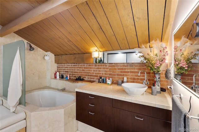 1203 24th St, Denver, CO 80205 - full bathroom with wooden ceiling with exposed beams, vanity, and tiled bath