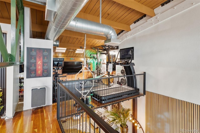 1203 24th St, Denver, CO 80205 - corridor featuring wooden ceiling with exposed beams and wood finished floors