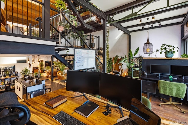 1203 24th St, Denver, CO 80205 - office area with wood finished floors and a towering ceiling