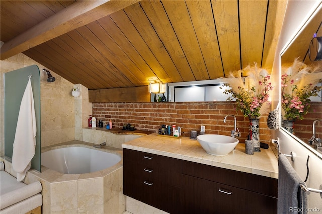 1203 24th St, Denver, CO 80205 - bathroom with vanity, a bath, and a wood ceiling with exposed beams
