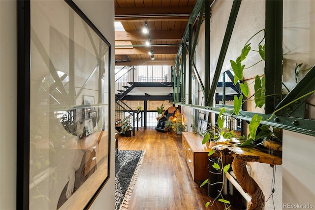 1203 24th St, Denver, CO 80205 - hall featuring a wood ceiling with exposed beams and hardwood / wood-style floors