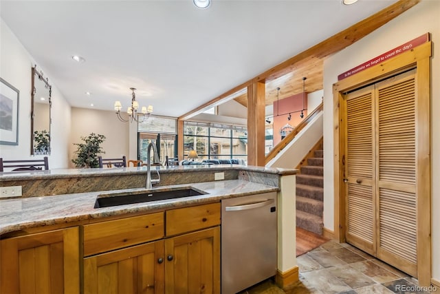 kitchen with a sink, dishwasher, a chandelier, light stone finish flooring, and light stone countertops