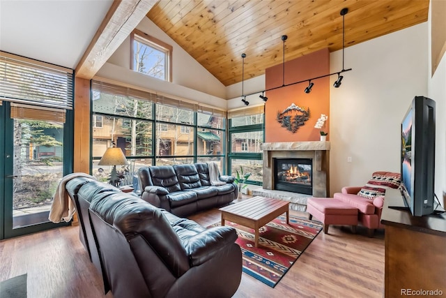 living area with wood finished floors, a premium fireplace, and high vaulted ceiling