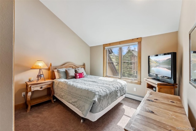 bedroom featuring vaulted ceiling, carpet floors, baseboard heating, and baseboards