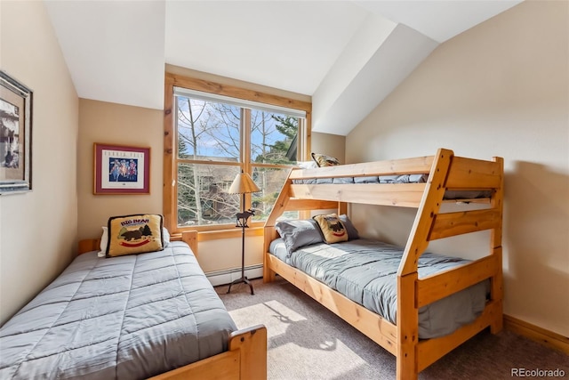 carpeted bedroom with a baseboard radiator and vaulted ceiling