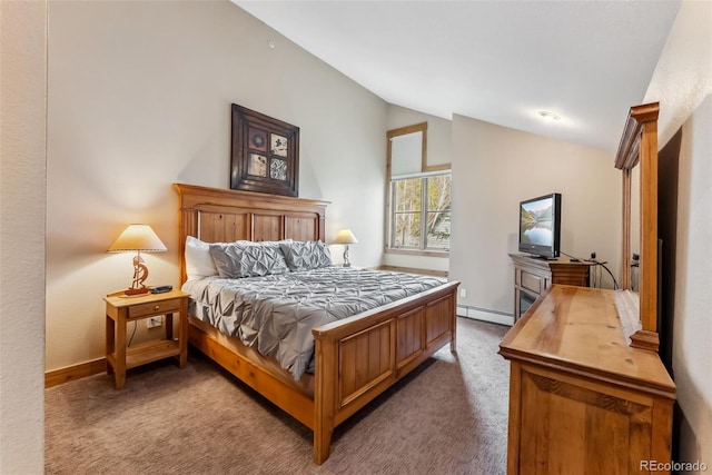 carpeted bedroom featuring lofted ceiling, baseboard heating, and baseboards