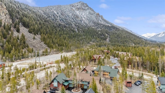 view of mountain backdrop featuring a forest