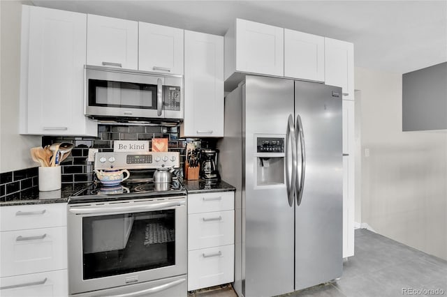 4782 E Costilla Ave, Centennial, CO 80122 - kitchen with stainless steel appliances, white cabinetry, decorative backsplash, and dark stone counters