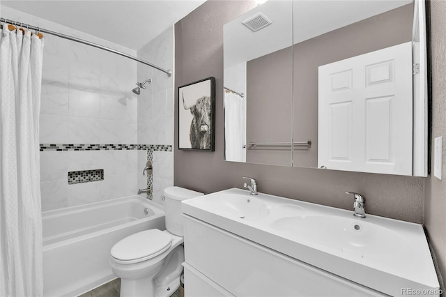 4782 E Costilla Ave, Centennial, CO 80122 - bathroom featuring toilet, double vanity, and shower / bath combination with curtain