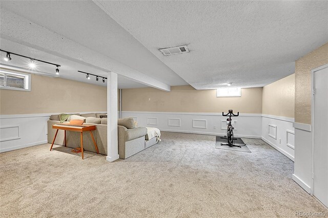 4782 E Costilla Ave, Centennial, CO 80122 - exercise room featuring a textured ceiling, track lighting, carpet flooring, a wainscoted wall, and a decorative wall