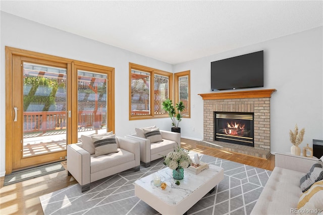 living area featuring a fireplace and wood finished floors