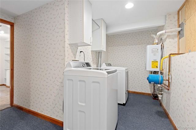 clothes washing area with independent washer and dryer, wallpapered walls, baseboards, and dark colored carpet