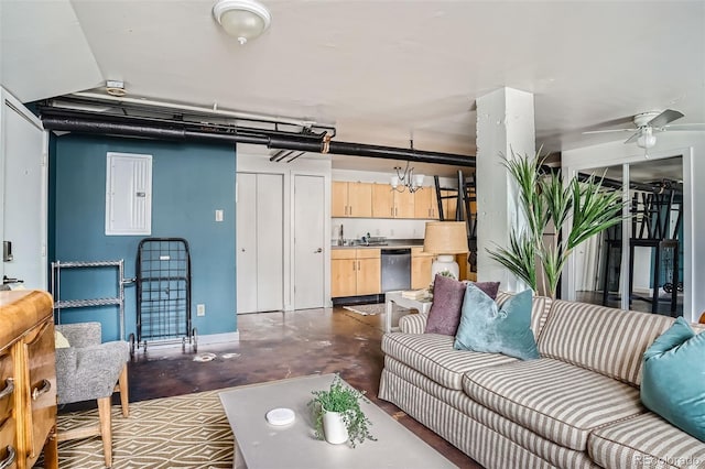 500 E 11th Ave Unit 101, Denver, CO 80203 - living area featuring electric panel, finished concrete floors, and a ceiling fan