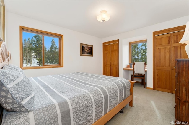 bedroom with two closets, light colored carpet, and multiple windows