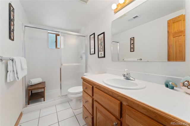 full bathroom with toilet, visible vents, tile patterned floors, and a shower stall