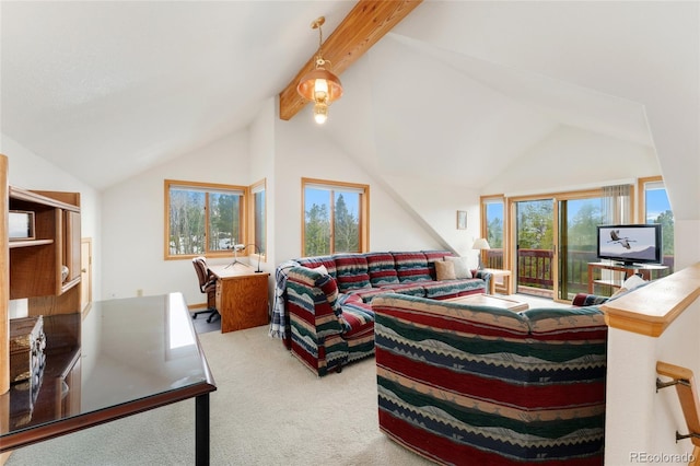 carpeted living area featuring vaulted ceiling with beams