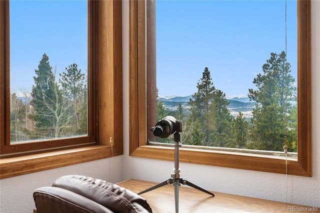 interior space featuring a mountain view