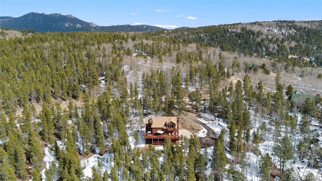 drone / aerial view featuring a forest view and a mountain view