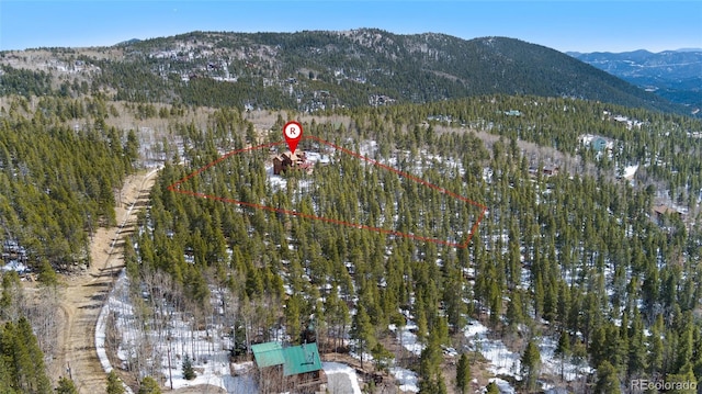 birds eye view of property featuring a forest view and a mountain view