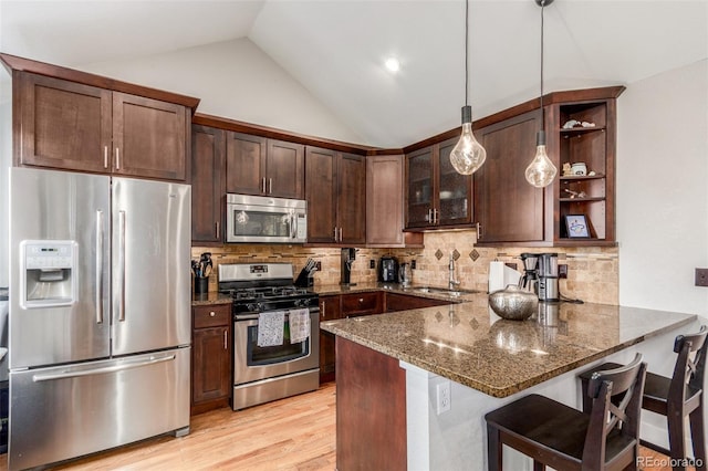 kitchen with stainless steel appliances, lofted ceiling, dark brown cabinets, dark stone countertops, and a peninsula