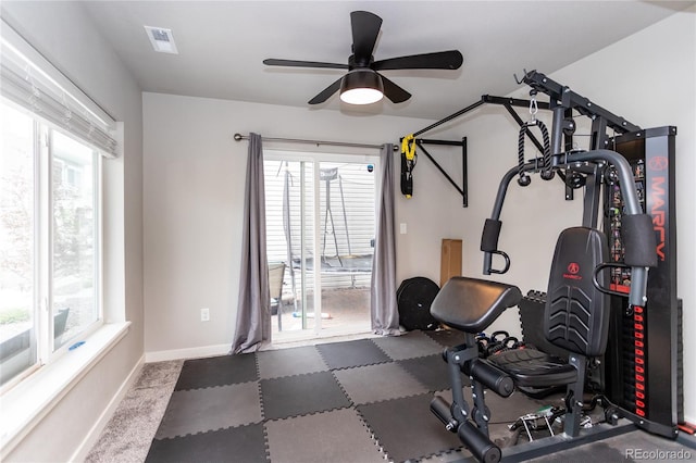 5672 Tramore Ct, Colorado Springs, CO 80927 - workout area featuring plenty of natural light, a ceiling fan, and baseboards