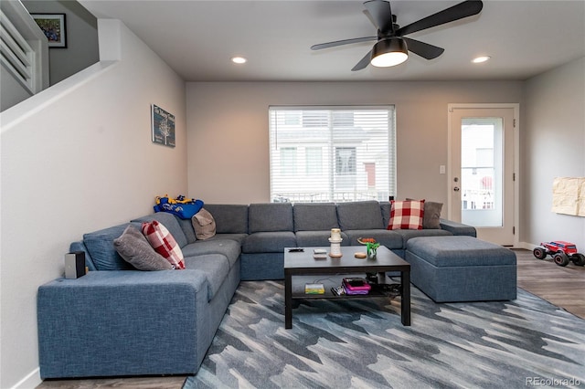 5672 Tramore Ct, Colorado Springs, CO 80927 - living area featuring ceiling fan, recessed lighting, wood finished floors, and baseboards