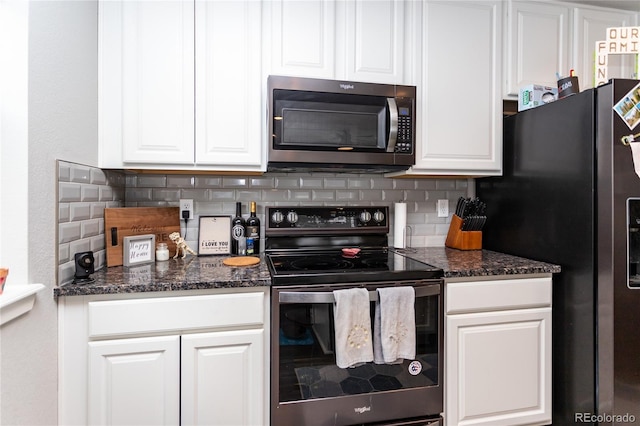 5672 Tramore Ct, Colorado Springs, CO 80927 - kitchen featuring stainless steel appliances, decorative backsplash, white cabinets, and dark stone counters