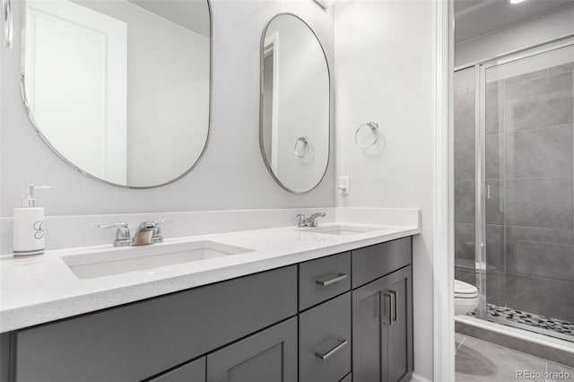 full bath featuring a sink, double vanity, and a shower stall