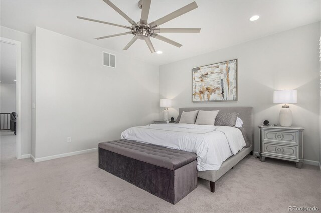 10524 Eby Cir, Lone Tree, CO 80124 - bedroom with light carpet, recessed lighting, and ceiling fan