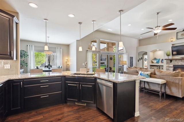 335 Mountain Brush, Colorado Springs, CO 80921 - kitchen with dishwasher, a sink, dark wood-style floors, ceiling fan, and recessed lighting