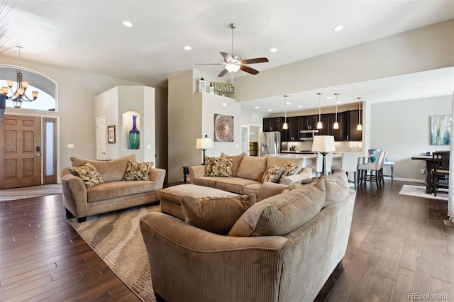 335 Mountain Brush, Colorado Springs, CO 80921 - living room with a chandelier, dark wood finished floors, a ceiling fan, and recessed lighting
