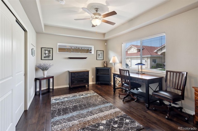 335 Mountain Brush, Colorado Springs, CO 80921 - office with a tray ceiling, ceiling fan, wood finished floors, and baseboards