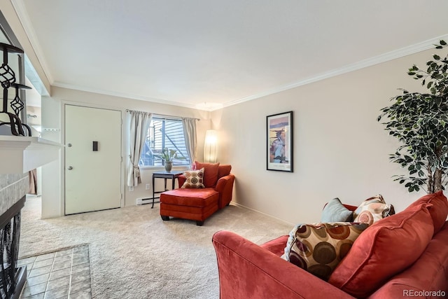 living room featuring ornamental molding, a fireplace, light colored carpet, and baseboard heating