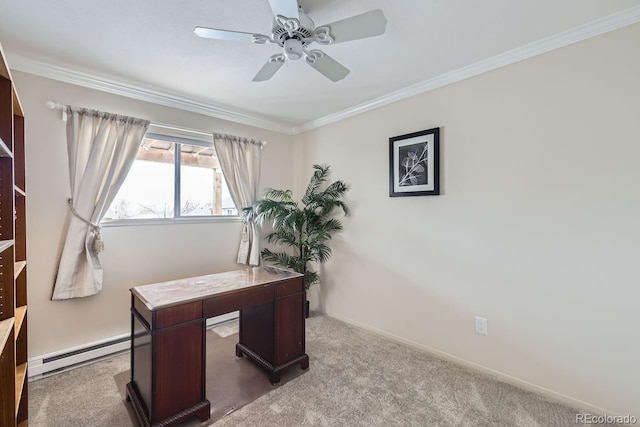 carpeted home office with baseboard heating, ceiling fan, and crown molding