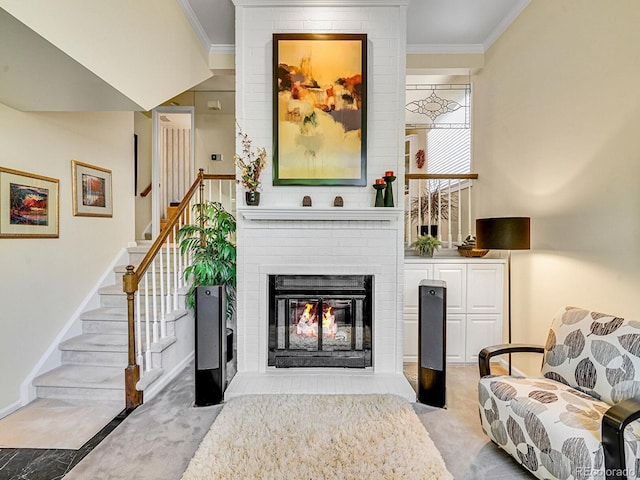 1011 N Pennsylvania St Unit H, Denver, CO 80203 - living area with ornamental molding, carpet, a fireplace, stairs, and baseboards
