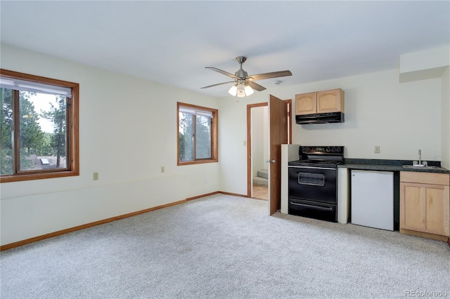 kitchen with light brown cabinetry, a sink, dishwasher, black electric range, and a healthy amount of sunlight