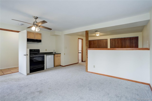 kitchen featuring white dishwasher, light carpet, a ceiling fan, black / electric stove, and under cabinet range hood