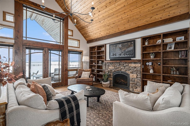 living room featuring a fireplace, hardwood / wood-style flooring, wood ceiling, a water view, and built in shelves